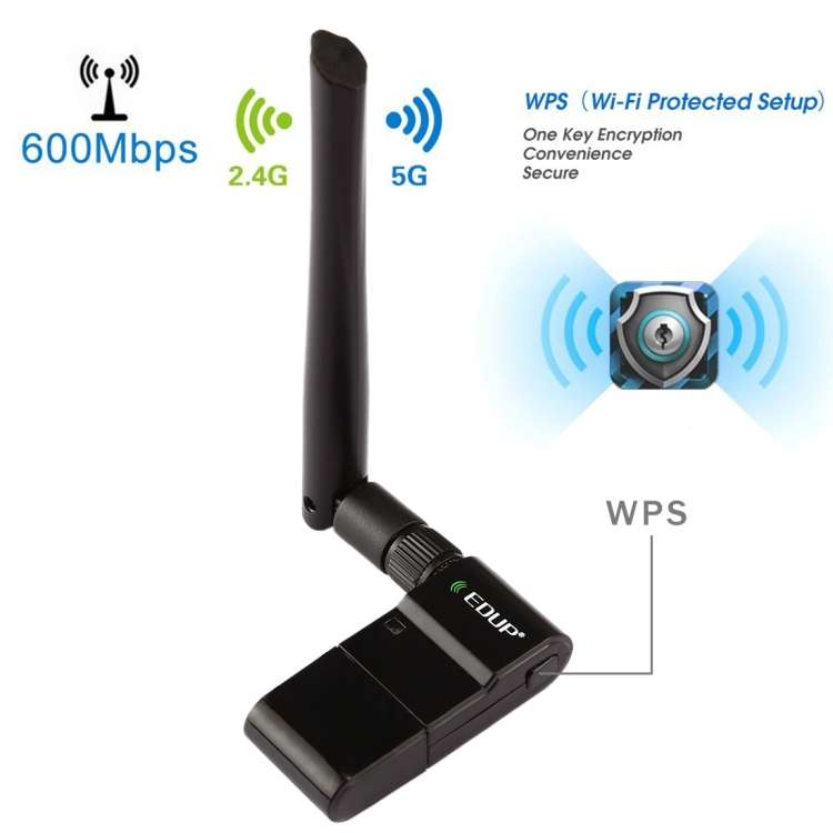 EDUP EP-AC1635 600Mbps Dual Band Wireless 11AC USB Ethernet Adapter 2dBi Antenna for Laptop / PC(Bla