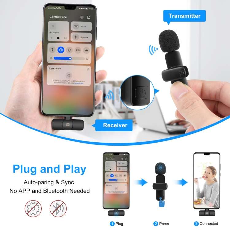 PULUZ Wireless Lavalier Noise Reduction Reverb Microphone for Type-C / USB-C Device, Support Phone C