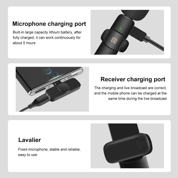 PULUZ Wireless Lavalier Noise Reduction Reverb Microphones for Type-C Phone, Type-C Receiver and Dua