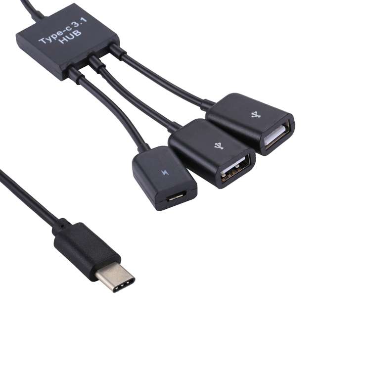 Portable USB-C / Type-C Male to Dual USB Ports Female + Micro USB Female Mini Cable Hub Splitter Ada