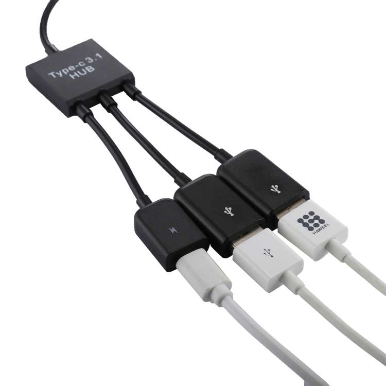 Portable USB-C / Type-C Male to Dual USB Ports Female + Micro USB Female Mini Cable Hub Splitter Ada
