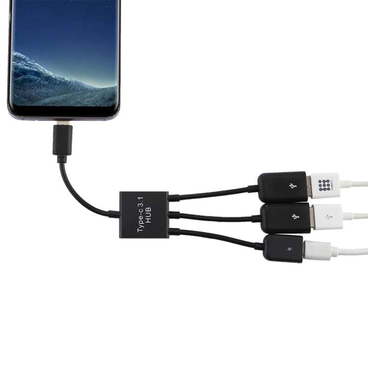 Portable USB-C / Type-C Male to Dual USB Ports Female + Micro USB Female Mini Cable Hub Splitter Ada