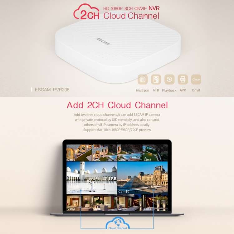 ESCAM PVR208 1080P 8CH+2CH ONVIF NVR Digital Video Recorder with 2CH Cloud Channel for IP Camera Sys