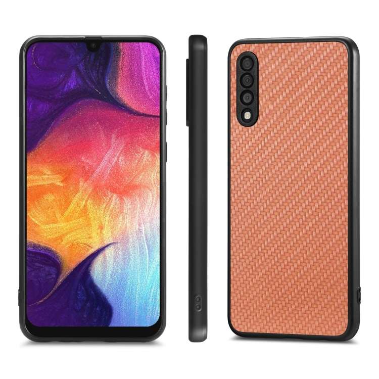 For Samsung Galaxy A50 Carbon Fiber Texture Leather Back Cover Phone Case(Brown)