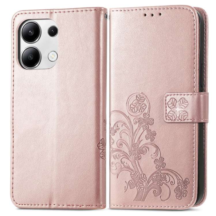 For Xiaomi Redmi Note 13 4G Four-leaf Clasp Embossed Leather Phone Case(Rose Gold)
