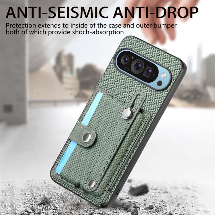 For Google Pixel 9 Pro Wristband Kickstand Card Wallet Back Cover Phone Case with Tool Knife(Green)