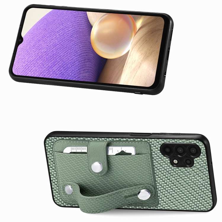 For Samsung Galaxy A32 5G Wristband Kickstand Wallet Back Phone Case with Tool Knife(Green)