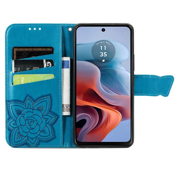 For Motorola Moto G34 Butterfly Love Flower Embossed Leather Phone Case(Blue)