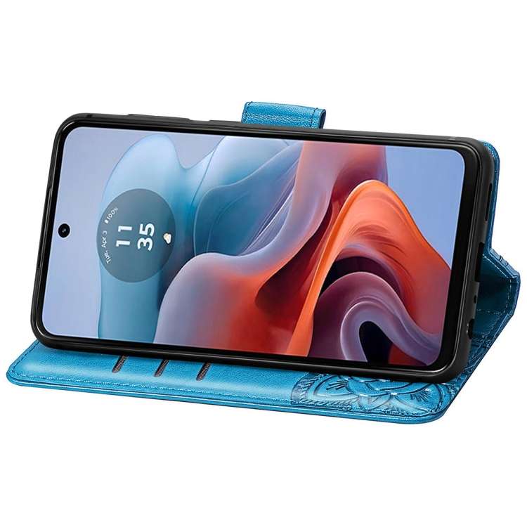 For Motorola Moto G34 Butterfly Love Flower Embossed Leather Phone Case(Blue)
