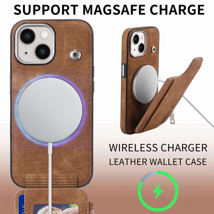 For iPhone 15 Magsafe Zipper RFID Wallet All-inclusive Shockrpoof Phone Case(Brown)