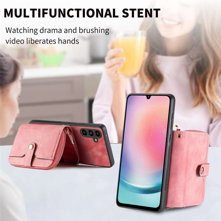 For Samsung Galaxy A24 4G Crossbody Multi-function Zipper Wallet Phone Case(Pink)