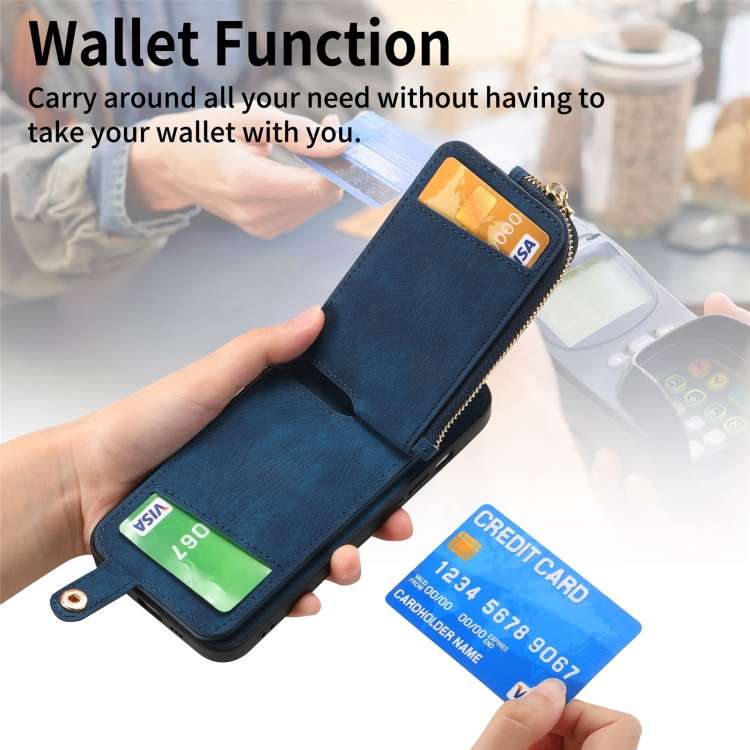For iPhone 14 Pro Cross Leather Ring Vertical Zipper Wallet Back Phone Case(Blue)