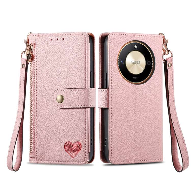 For Honor X50 Love Zipper Lanyard Leather Phone Case(Pink)