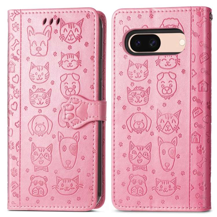 For Google Pixel 5 Cat and Dog Embossed Leather Phone Case(Pink)