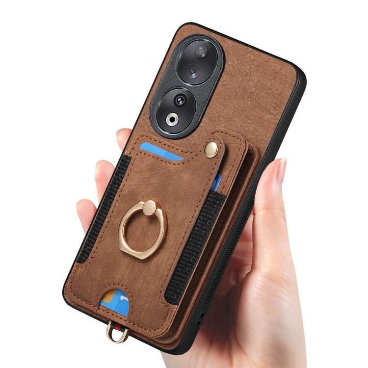 For Honor 90 Retro Skin-feel Ring Multi-card RFID Wallet Phone Case(Brown)