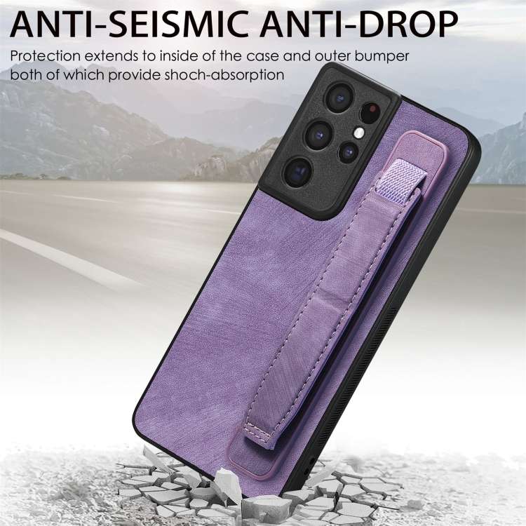 For Samsung Galaxy S21 Ultra 5G Retro Wristband Holder Leather Back Phone Case(Purple)