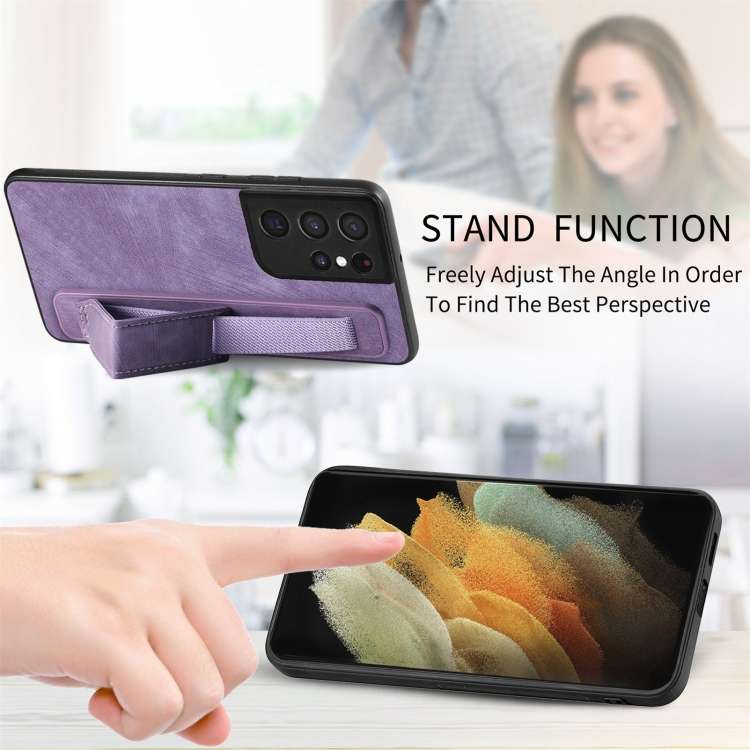 For Samsung Galaxy S21 Ultra 5G Retro Wristband Holder Leather Back Phone Case(Purple)