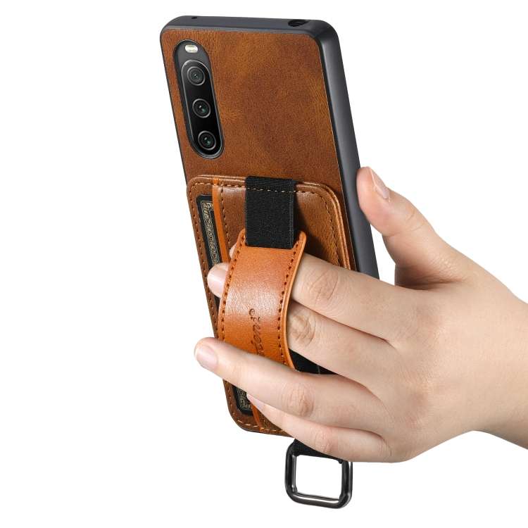 For Sony Xperia 1 V Suteni H13 Card Wallet Wrist Strap Holder PU Phone Case(Brown)