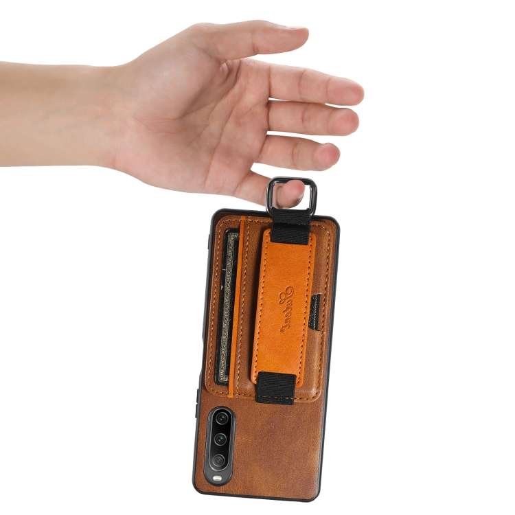 For Sony Xperia 1 V Suteni H13 Card Wallet Wrist Strap Holder PU Phone Case(Brown)