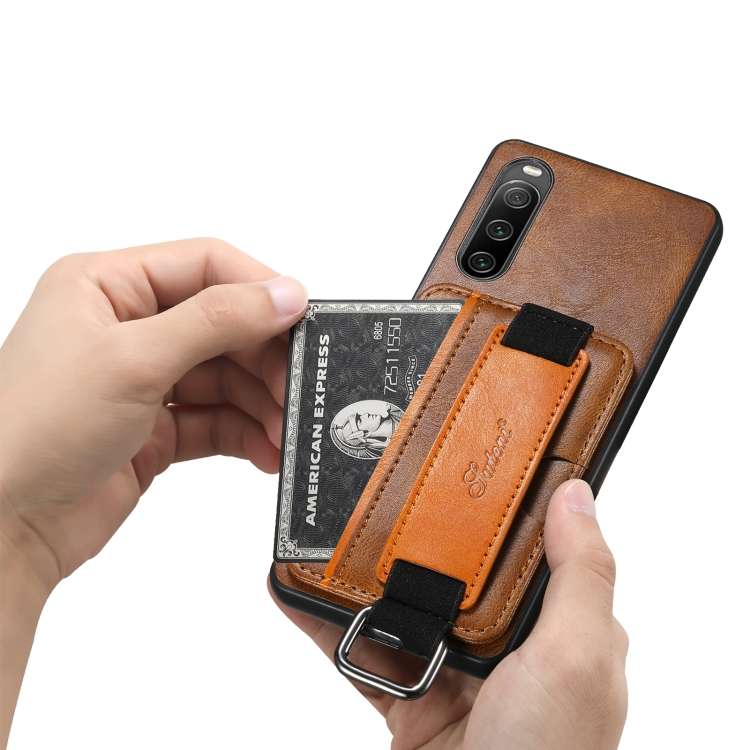For Sony Xperia 1 V Suteni H13 Card Wallet Wrist Strap Holder PU Phone Case(Brown)