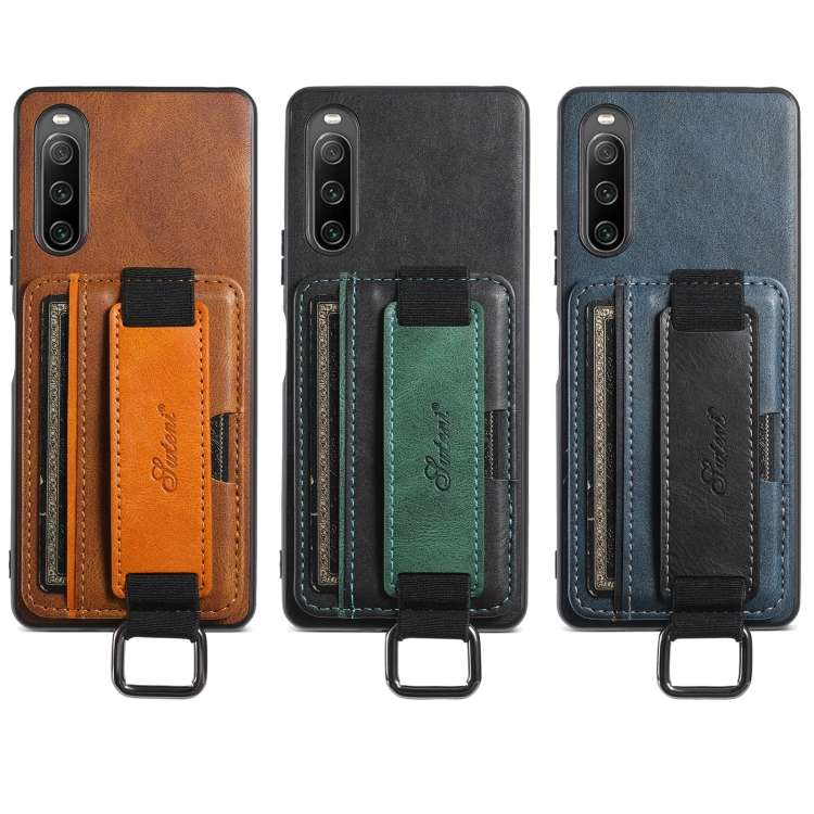 For Sony Xperia 1 V Suteni H13 Card Wallet Wrist Strap Holder PU Phone Case(Brown)