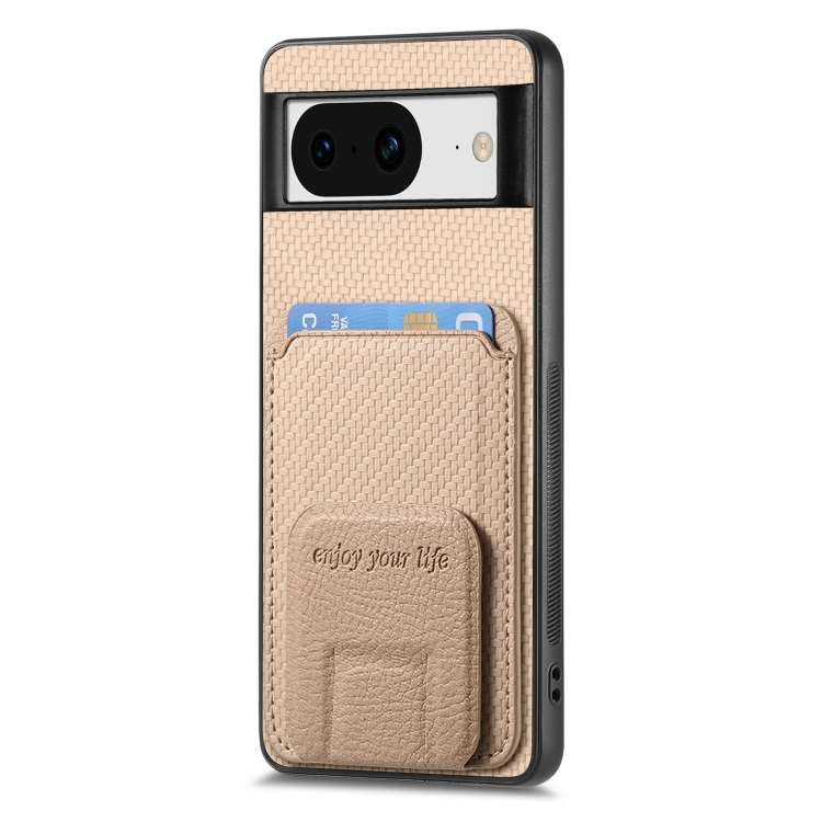 For Google Pixel 7 Carbon Fiber Card Bag Fold Stand Phone Case(Khaki)
