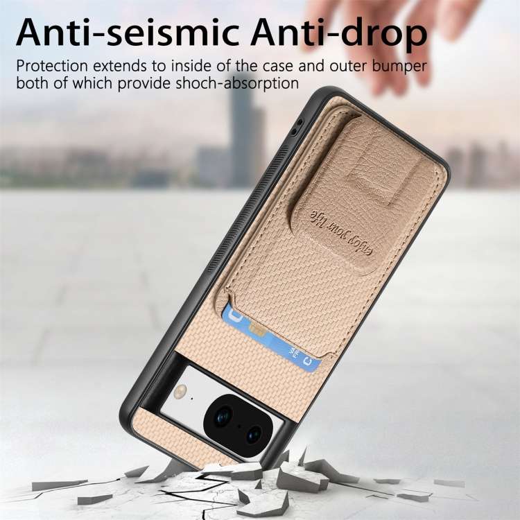 For Google Pixel 7 Carbon Fiber Card Bag Fold Stand Phone Case(Khaki)
