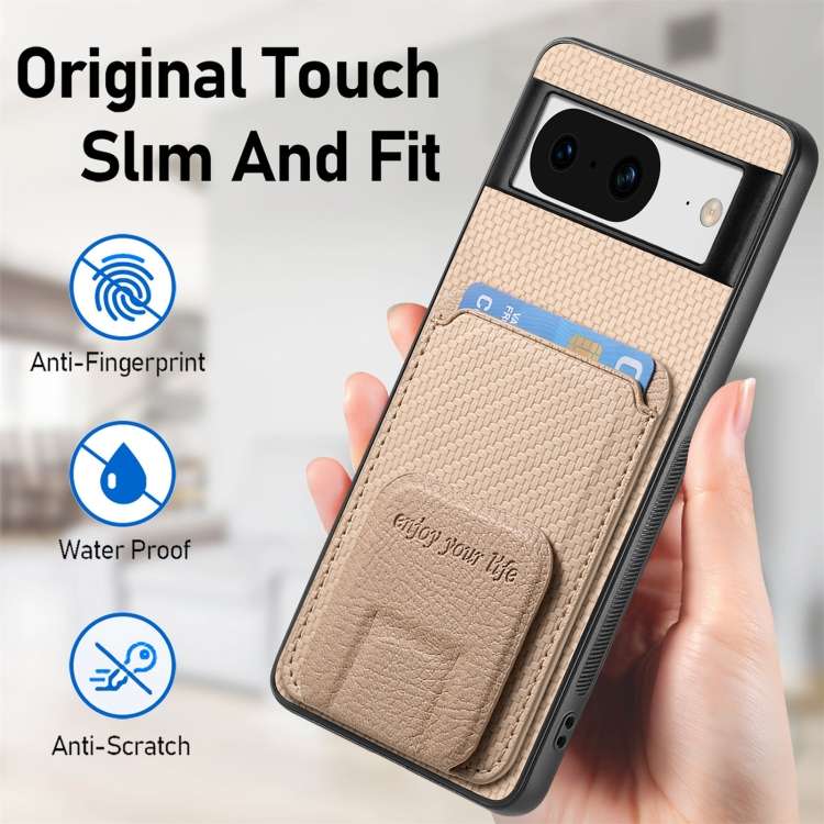 For Google Pixel 7 Carbon Fiber Card Bag Fold Stand Phone Case(Khaki)