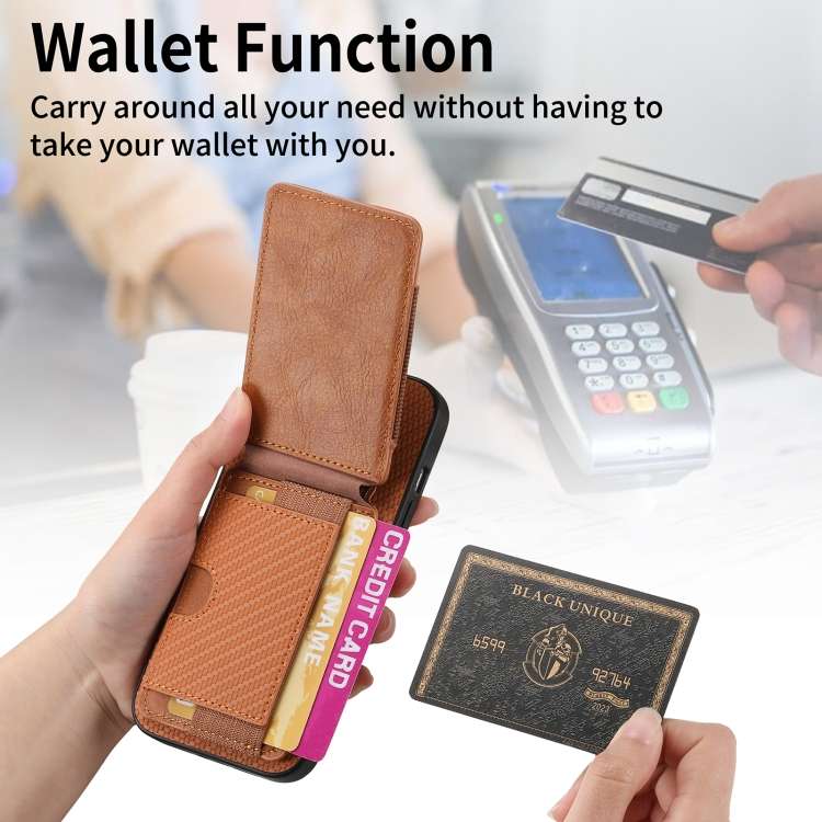 For iPhone XR Carbon Fiber Vertical Flip Wallet Stand Phone Case(Brown)