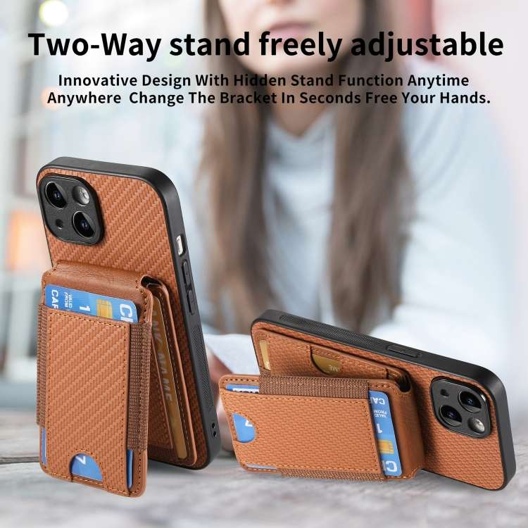 For iPhone XR Carbon Fiber Vertical Flip Wallet Stand Phone Case(Brown)