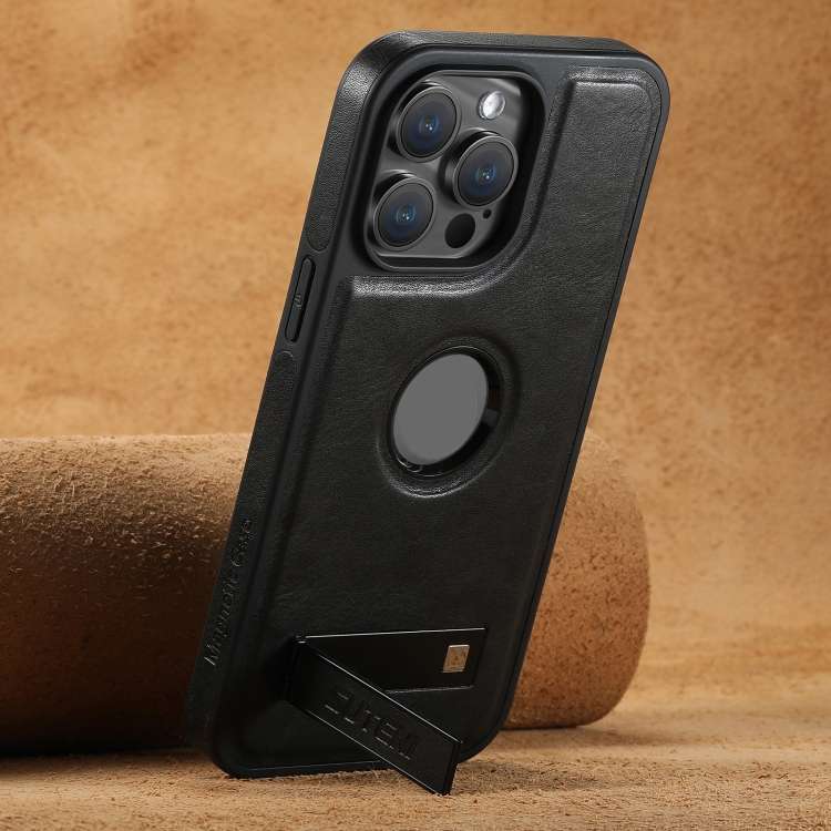 For iPhone 13 Suteni G2 Magsafe Oil Wax Leather Back Phone Case with Holder(Black)