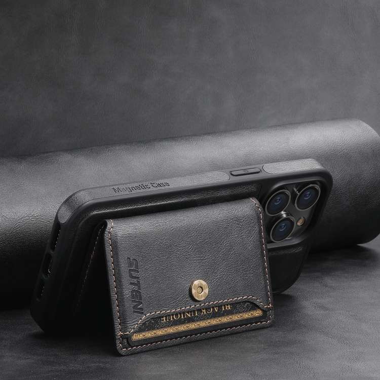 For iPhone 15 Suteni M1 Oil Wax MagSafe Detachable Horizontal Card Bag Phone Case(Black)
