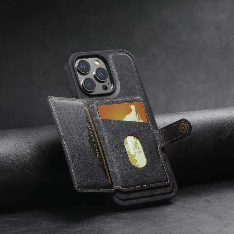 For iPhone 15 Suteni M1 Oil Wax MagSafe Detachable Horizontal Card Bag Phone Case(Black)