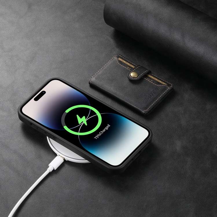 For iPhone 15 Suteni M1 Oil Wax MagSafe Detachable Horizontal Card Bag Phone Case(Black)