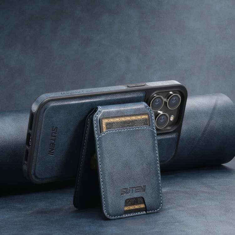 For iPhone 14 Plus Suteni M2 Oil Wax MagSafe Horizontal Card Bag Phone Case(Black)