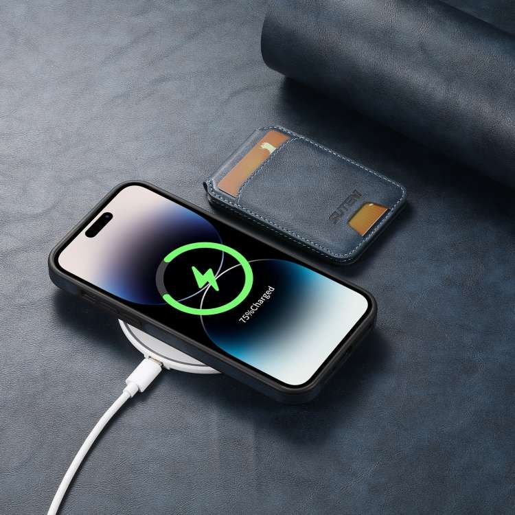 For iPhone 14 Plus Suteni M2 Oil Wax MagSafe Horizontal Card Bag Phone Case(Black)