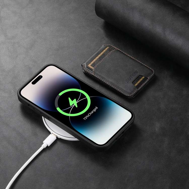For iPhone 12 Pro Max Suteni M2 Oil Wax MagSafe Horizontal Card Bag Phone Case(Black)