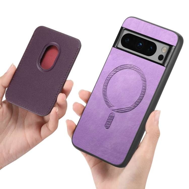For Google Pixel 9 Pro Retro Magsafe Card Bag PU Back Cover Phone Case(Purple)