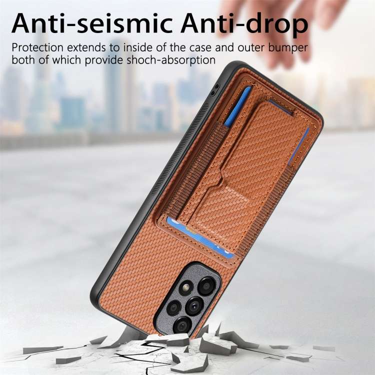For Samsung Galaxy A53 5G Carbon Fiber Fold Stand Elastic Card Bag Phone Case(Brown)
