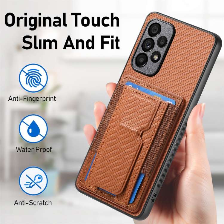 For Samsung Galaxy A53 5G Carbon Fiber Fold Stand Elastic Card Bag Phone Case(Brown)