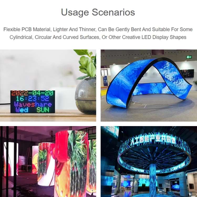 Waveshare Flexible RGB Full-color LED Matrix Panel, 2.5mm Pitch, 96x48 Pixels, Adjustable Brightness