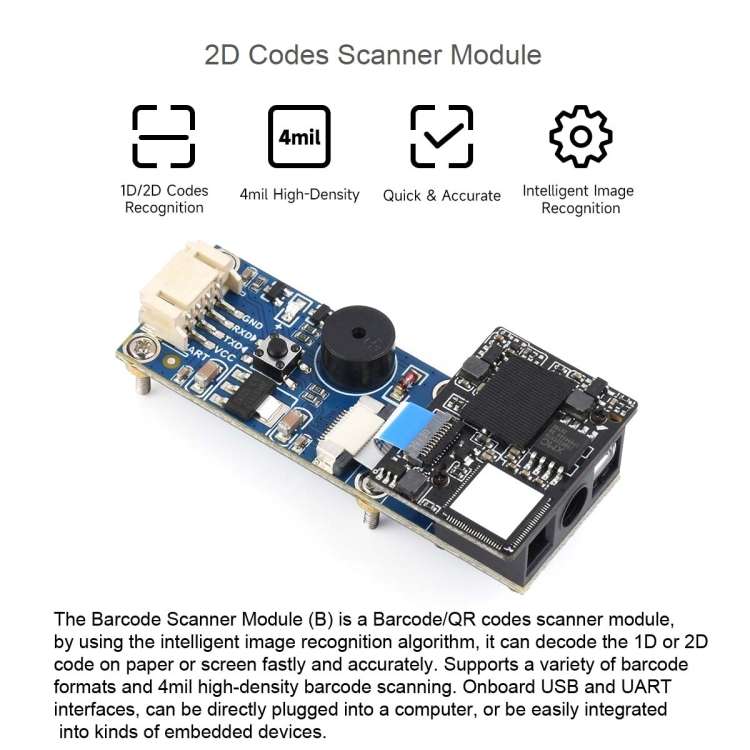 Waveshare 2D Codes Scanner Module Supports 4mil High-density Barcode Scanning,23962