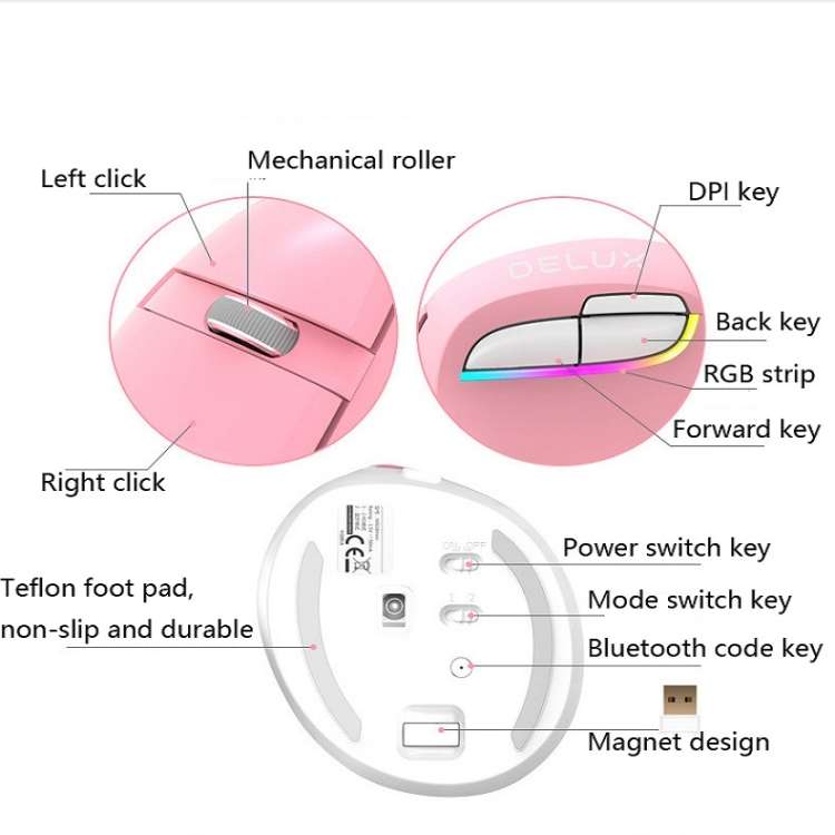 DELUX M618Mini Colorful Wireless Luminous Vertical Mouse Bluetooth Rechargeable Vertical Mouse(Pearl