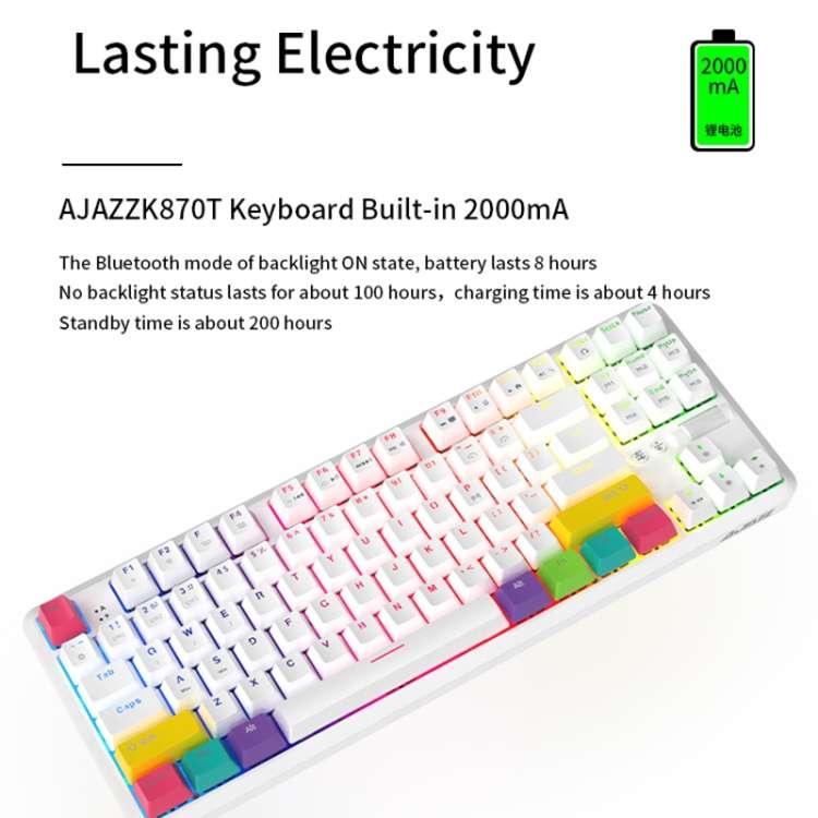 Ajazz K870T 87-keys Wired Bluetooth + Type-C Rechargeable Mechanical Keyboard  Mini RGB Backlit Keyb