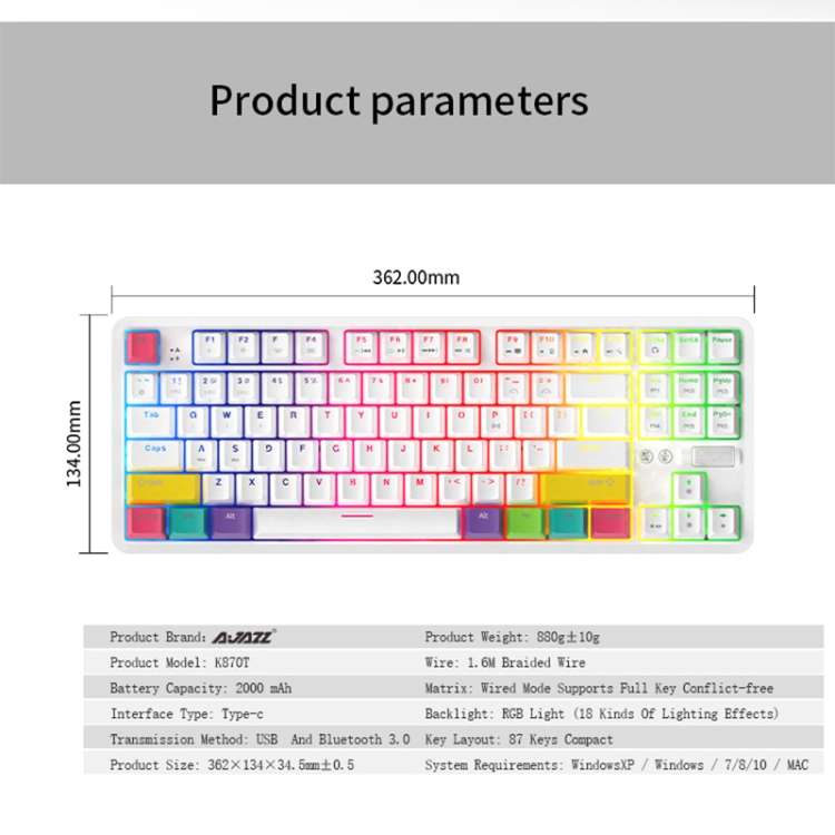 Ajazz K870T 87-keys Wired Bluetooth + Type-C Rechargeable Mechanical Keyboard  Mini RGB Backlit Keyb