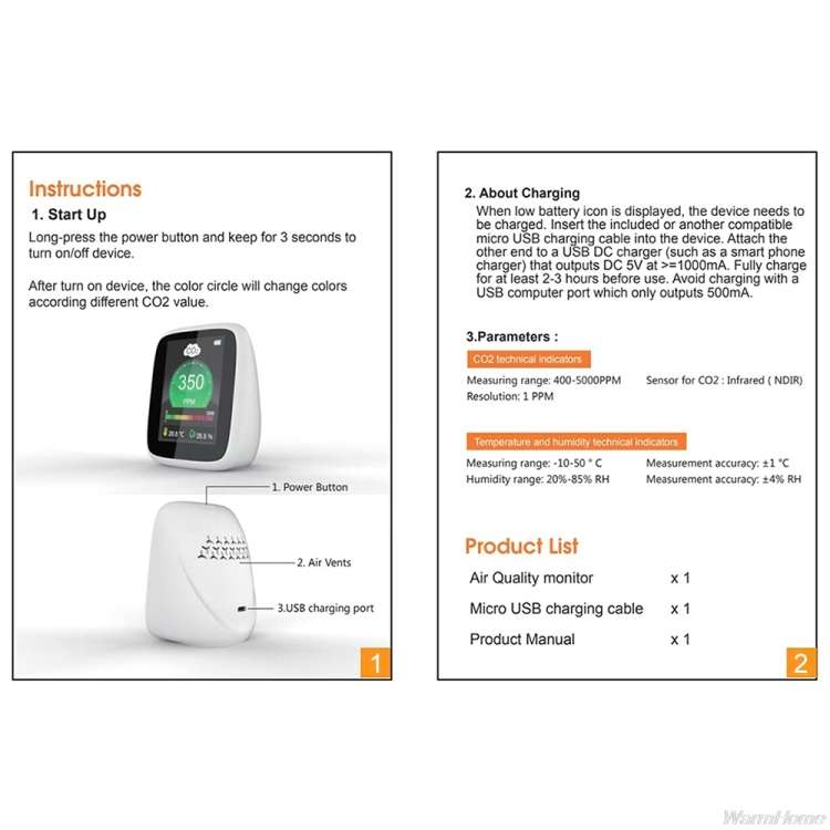 DM1308 CO2 Monitor Tester Indoor Air Quality 400-5000ppm Digital Carbon Dioxide Temperature Humidity