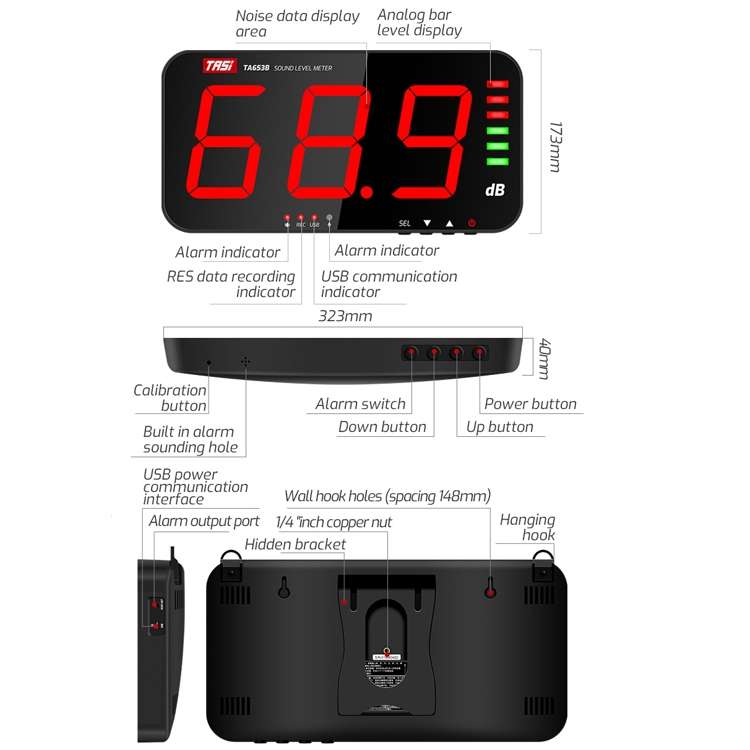 TASI TA653B Large-Screen Noise Meter Wall-Mounted Decibel Meter