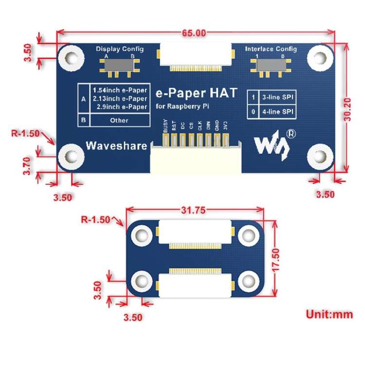 Waveshare 7.5 inch 640x384 E-Ink Display HAT for Raspberry Pi, Three-color, SPI Interface