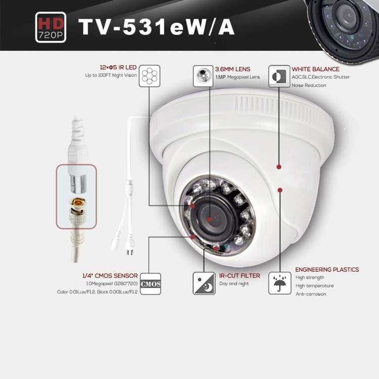 531eA CE & RoHS Certificated Waterproof  3.6mm 1MP Lens AHD Camera with 12 IR LED, Support Night Vi