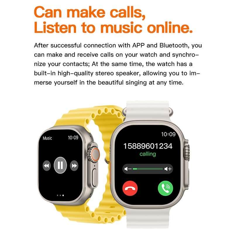 T800 Ultra 1.99 inch Ocean Silicone Band Smart Watch Support Heart Rate / ECG (Orange)
